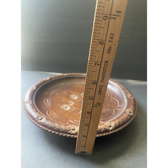 Vintage Handcarved Tray Wooden MCM Minimalist Decorative Round Brown Floral Dish - Picture 5 of 7